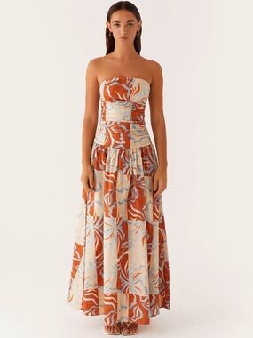 Peppermayo Strapless Maxi Dress in Rust, Cream & Light Blue